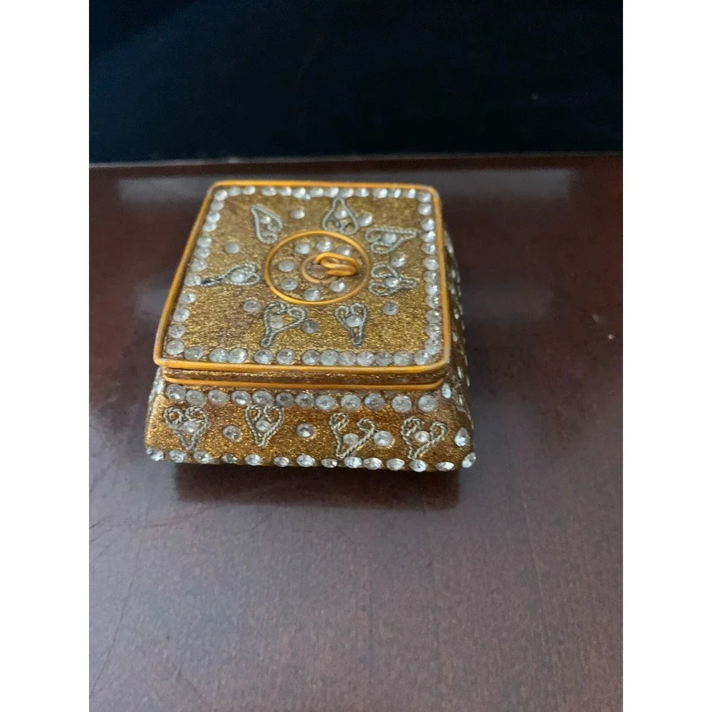 Gold Sparkle Trinket Jewelry‎ Box Holder Clear Rhinestone Inlay Square Resin